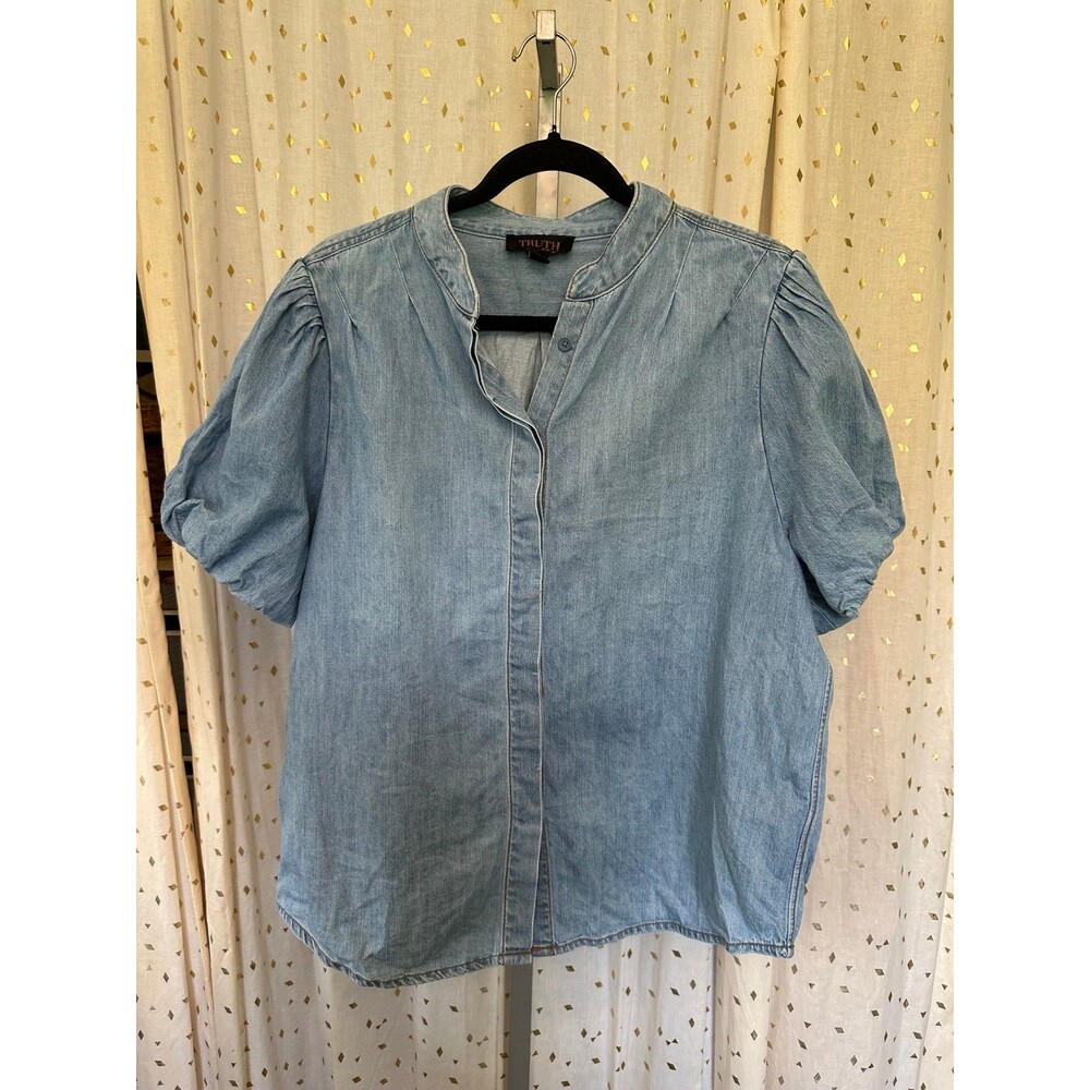 Truth By Republic Voluminous Puff Sleeves Band Collar Chambray Denim Blouse XL